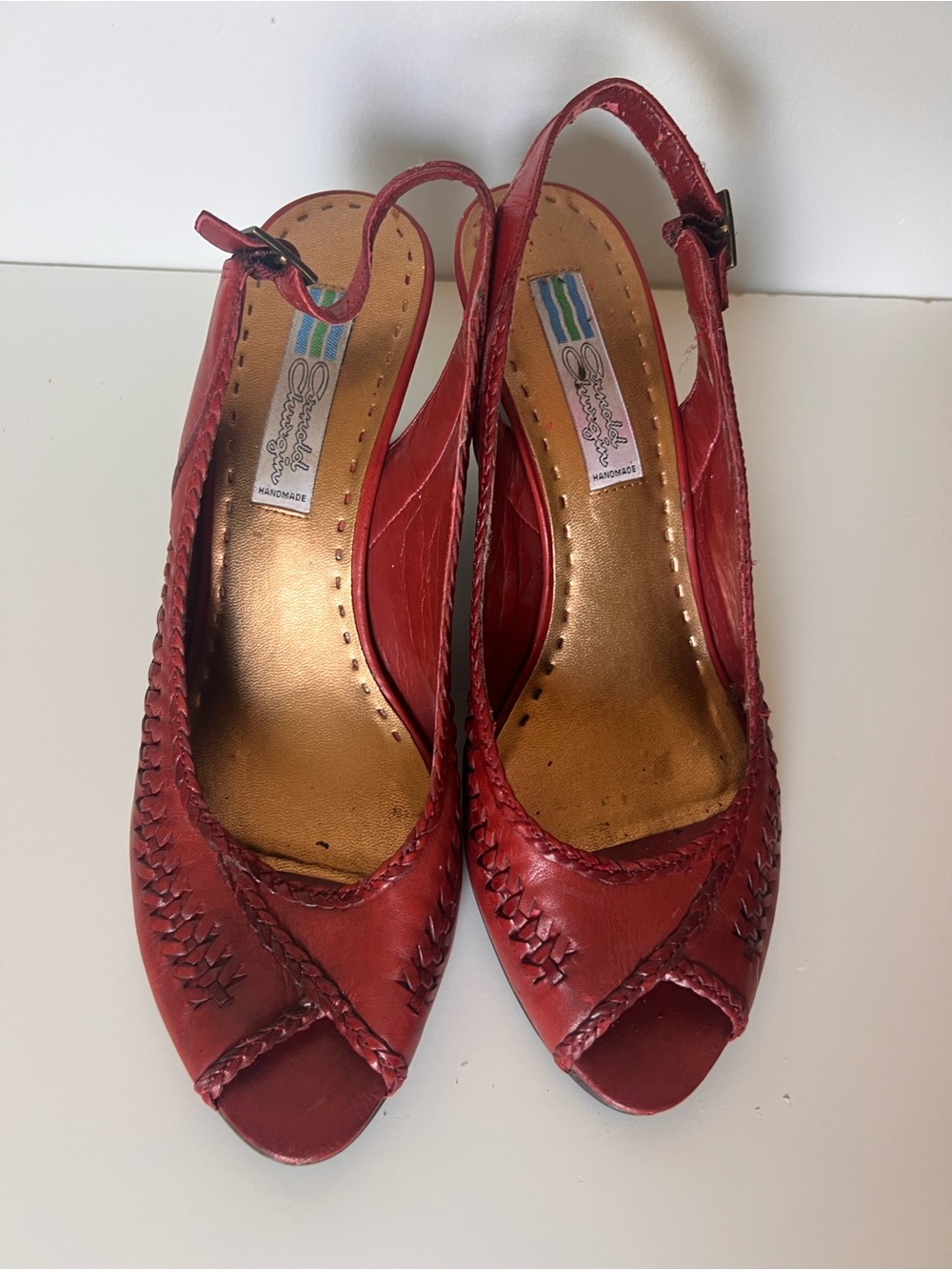 Vintage Red Braided Leather Peep-Toe Slingback Sandals